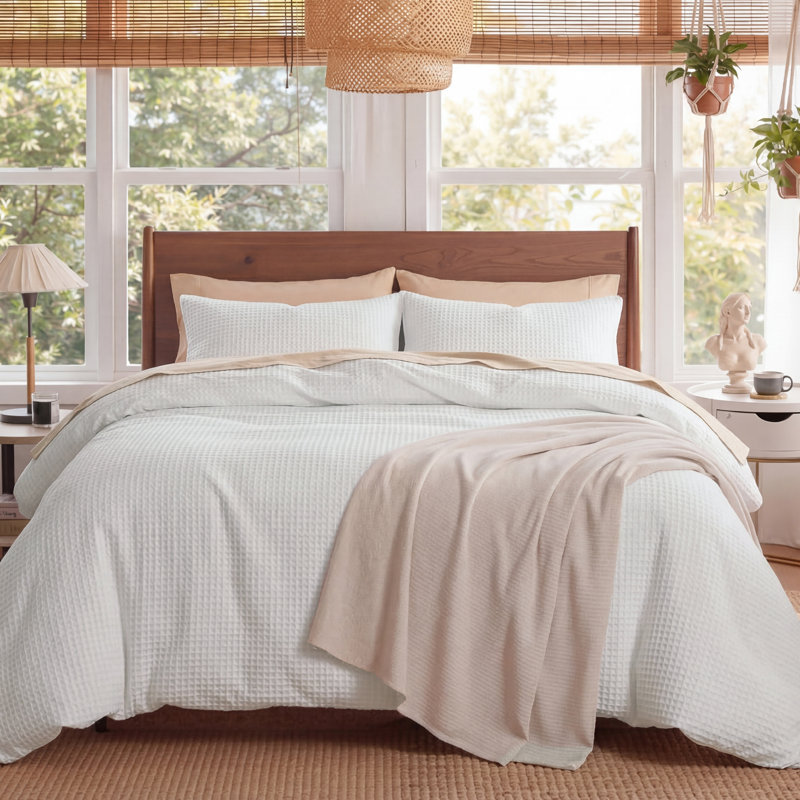 Ensemble de housse de couette à tissage gaufré 100% coton Essential Collection, Blanc noix de coco
