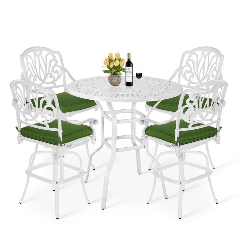 Hokku Designs 5-Piece Patio Swivel Bar Set, All-Weather Cast Aluminum Outdoor High Bar Stool Bistro Set For Deck Garden With 4 Cushions Bar Chairs With Footrest And 38.5" Bar Table, 2" Umbrella Hole, White