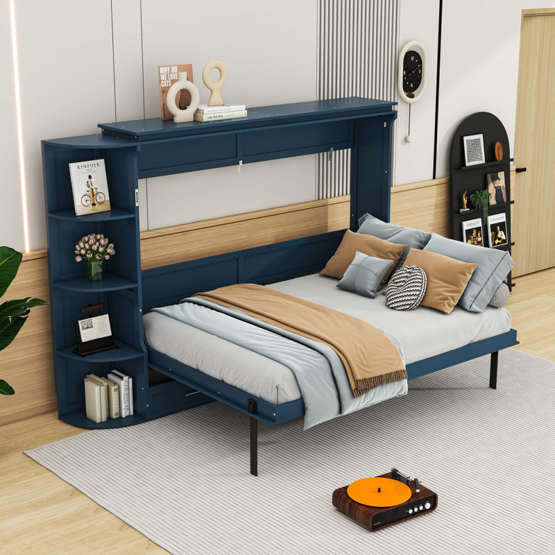 Lit escamotable en bois avec 3 tiroirs et tablettes, Full, Blue