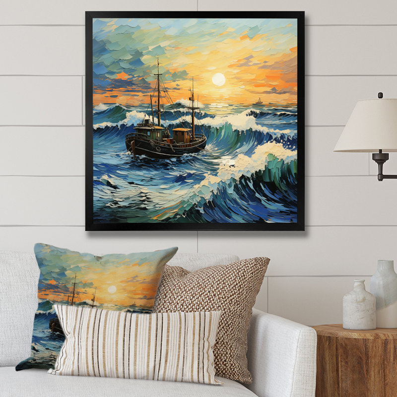 Vangogh paysage marin avec pêche en V, H 30 po x l 30 po x P 1 po, Cadre simple noir