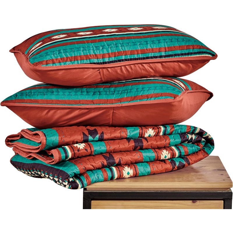 Southwestern Geometric Red Teal Beige King Quilt Set