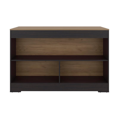 Makoti Kitchen Island 34", 3 Spacious Open Shelves, Black Wengue / Natural Oak