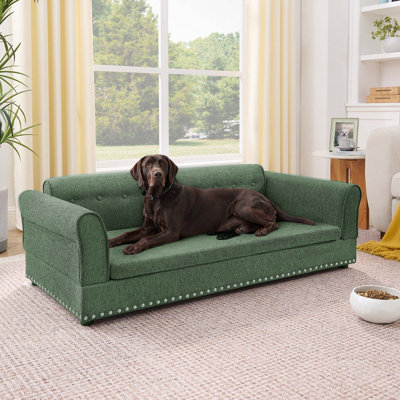 Canapé surdimensionné pour animal de compagnie, élégant canapé-lit surélevé en tissu de lin moderne, lit pour animal de compagnie rectangulaire surdimensionné confortable avec dossier et accoudoirs pour grands et très grands chiens - vert olive