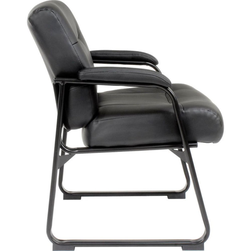 Black Leather High Back Chair with Fixed Arms and Metal Frame