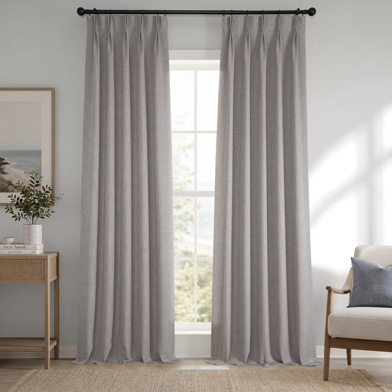 French Pleated Textured Faux Linen Room Darkening Curtains for Bedroom & Living Room Curtains - Single Panel Window Curtains
