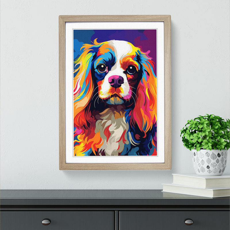 Cavalier King Charles Spaniel Pop - Single Picture Frame Print on Wood, 34cm H x 25cm W x 2cm D, Oak Framed