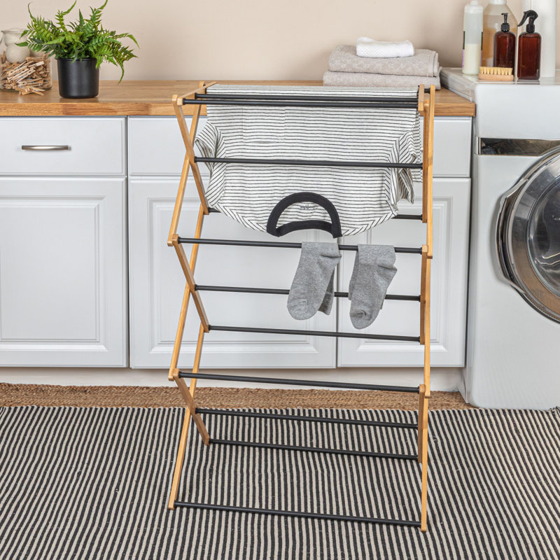 Compact Bamboo and Black Folding Clothes Drying Rack