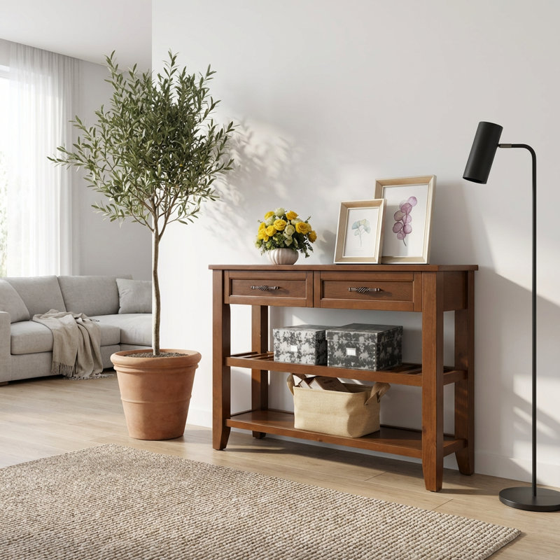 Console en bois massif de style Mid-Century avec deux tiroirs de rangement et deux tablettes ouvertes