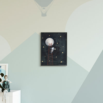 «Astronaut Hanging Stars Outer Space Ladder to Moon», estampe numérique encadrée de Rachel Nieman