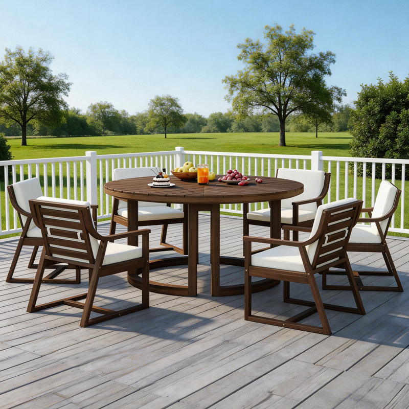 Outdoor 7-Piece Acacia Wood Dining Set with Padded Chairs for Patio, Garden, or Poolside, Mocha