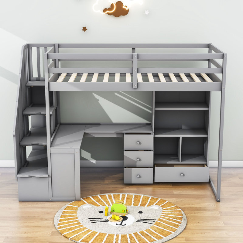 Halchak Kids Twin Loft Bed with Drawers, Gray