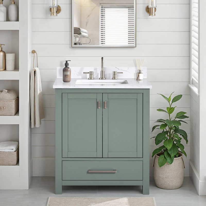 Meuble-lavabo simple 30 po avec plateau Souther, Marbre blanc de Cala, Nickel brossé, Vert fumée