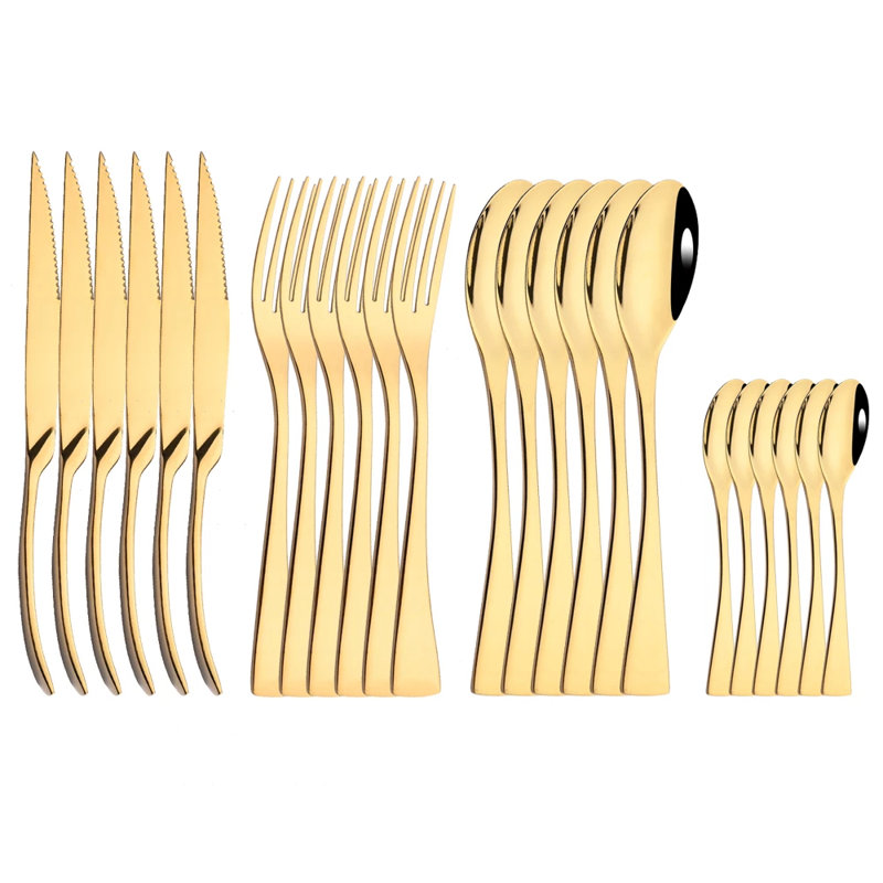 24 pièces avec fourchettes, couteaux, cuillères, service pour 4, lavable au lave-vaisselle (doré)
