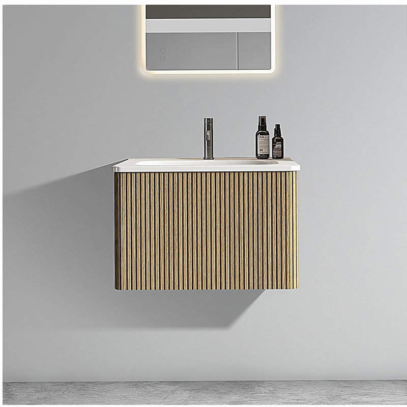 Table de maquillage de 24 po en chêne naturel rayé avec bol en céramique blanche, table de maquillage murale en porte-à-faux moderne pré-assemblée