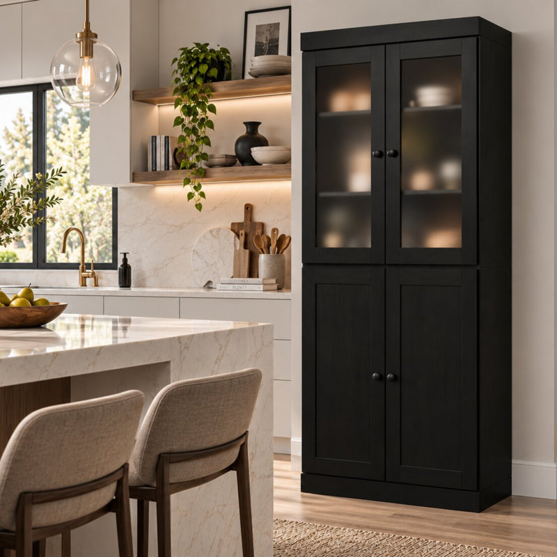Garde-manger 100% bois massif 32 po avec verre givré, portes Shaker et tablettes réglables, Noir