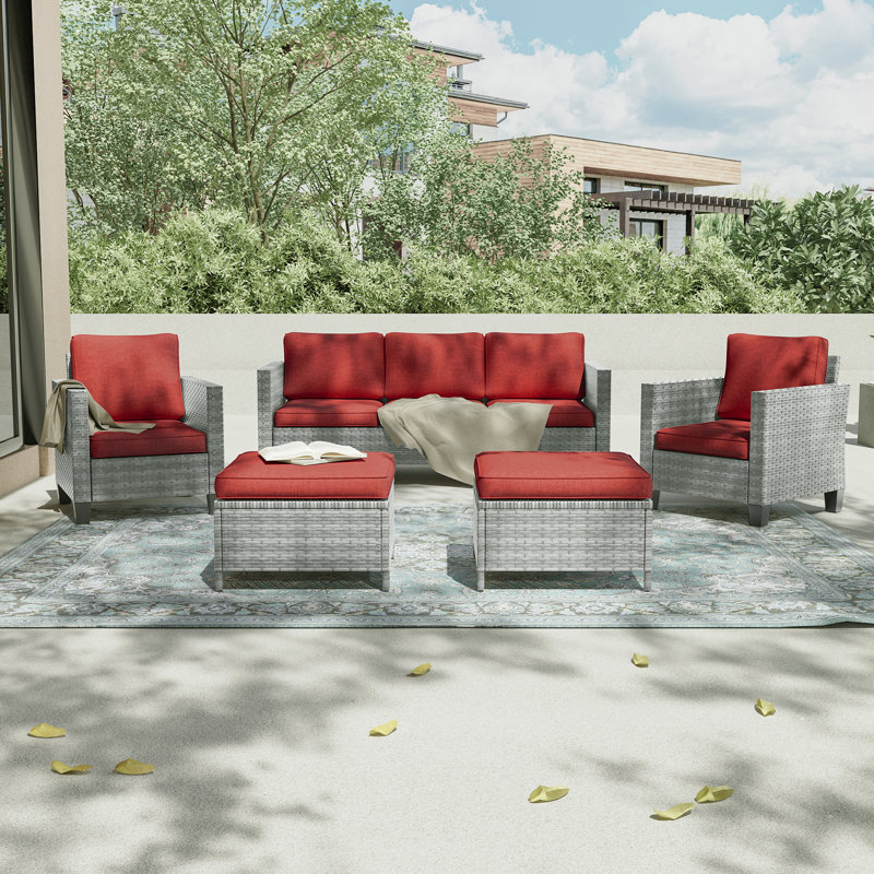 Abinayan Wicker 5 - Person Patio Conversation Set with Cushions, Brick Red, Gray