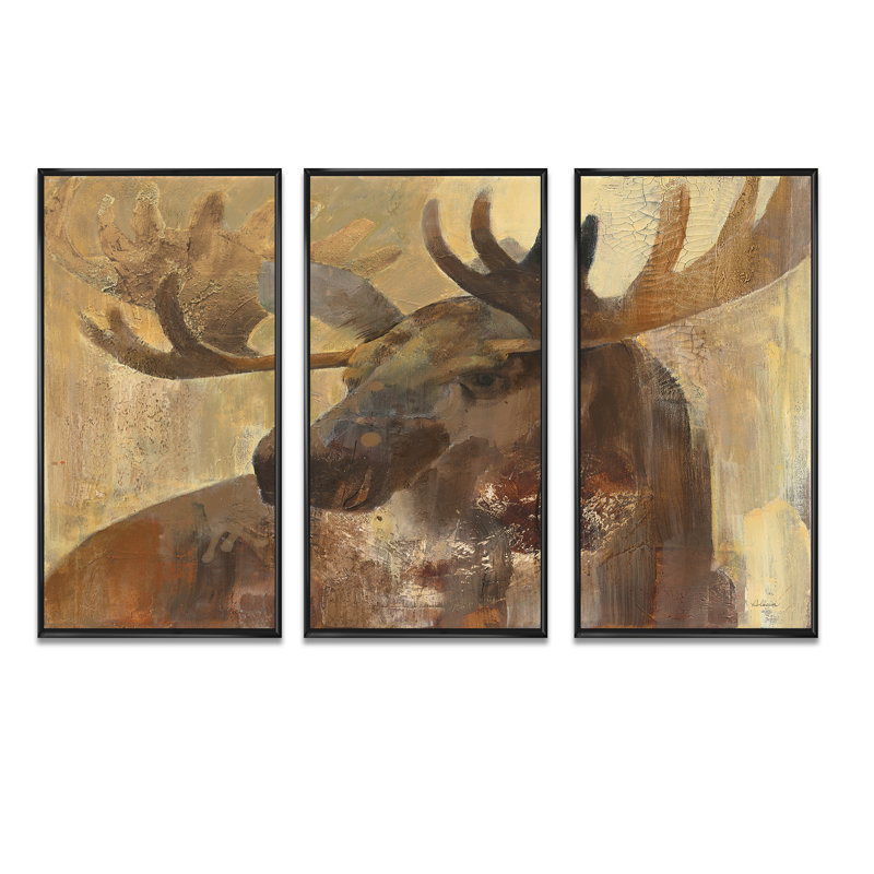 Into The Wild Gold Moose - Ensemble de 3 toiles d'art encadrées, H 32 po x l 48 po, Cadre noir