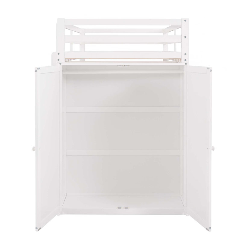 Lit mezzanine avec tiroirs, bureau et garde-robe, Lit simple, Blanc