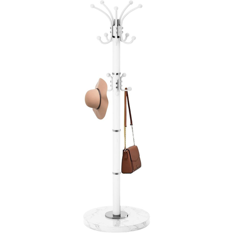 Portemanteau pivotant à 360 ° en métal blanc avec base en marbre, portemanteau autoportant avec 16 crochets pour vestes, chapeaux, sacs - vestibule ou chambre à coucher