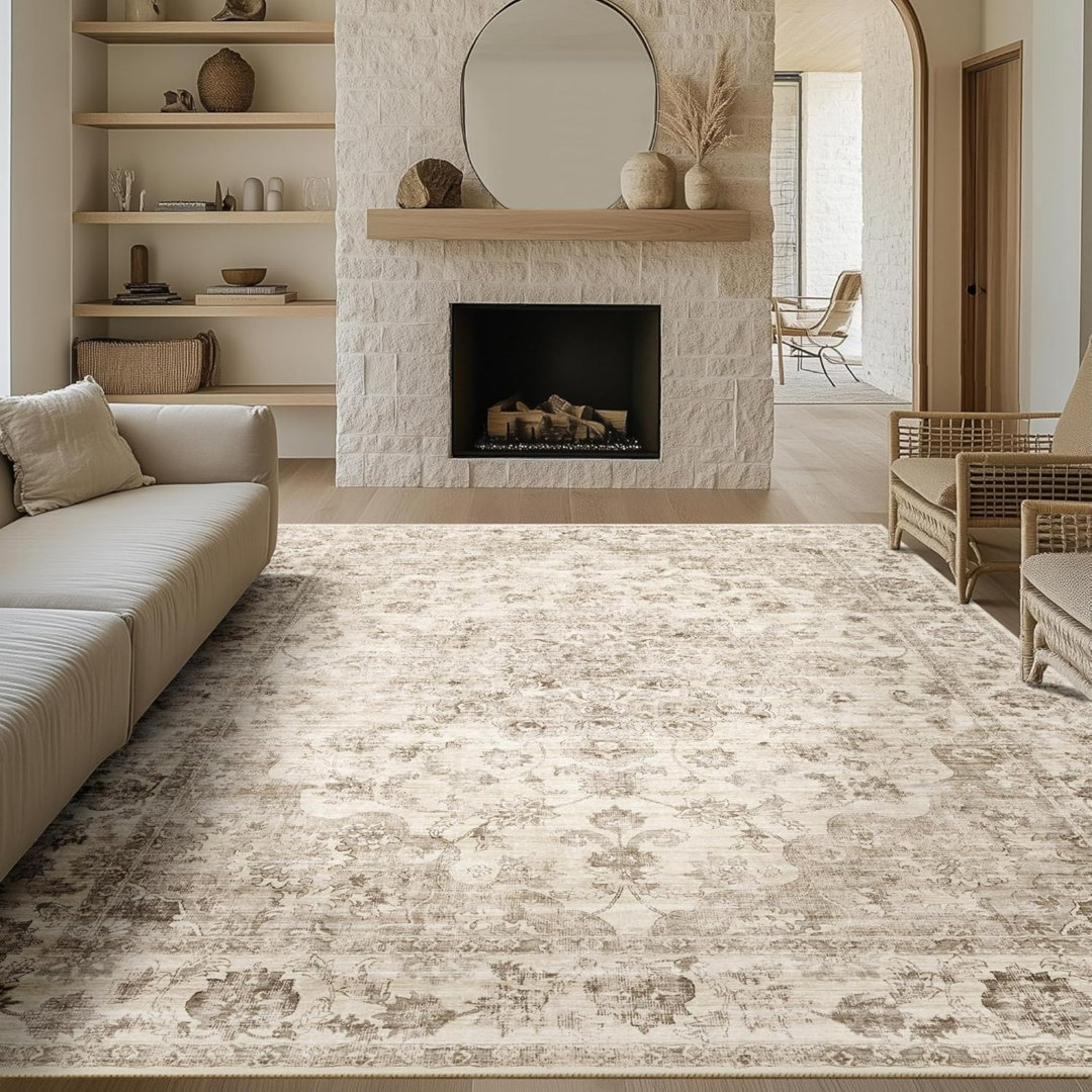 Vintage Non Slip Rugs Beige Large Area Rug 240 x 300 cm Washable Low Pile Big Carpets