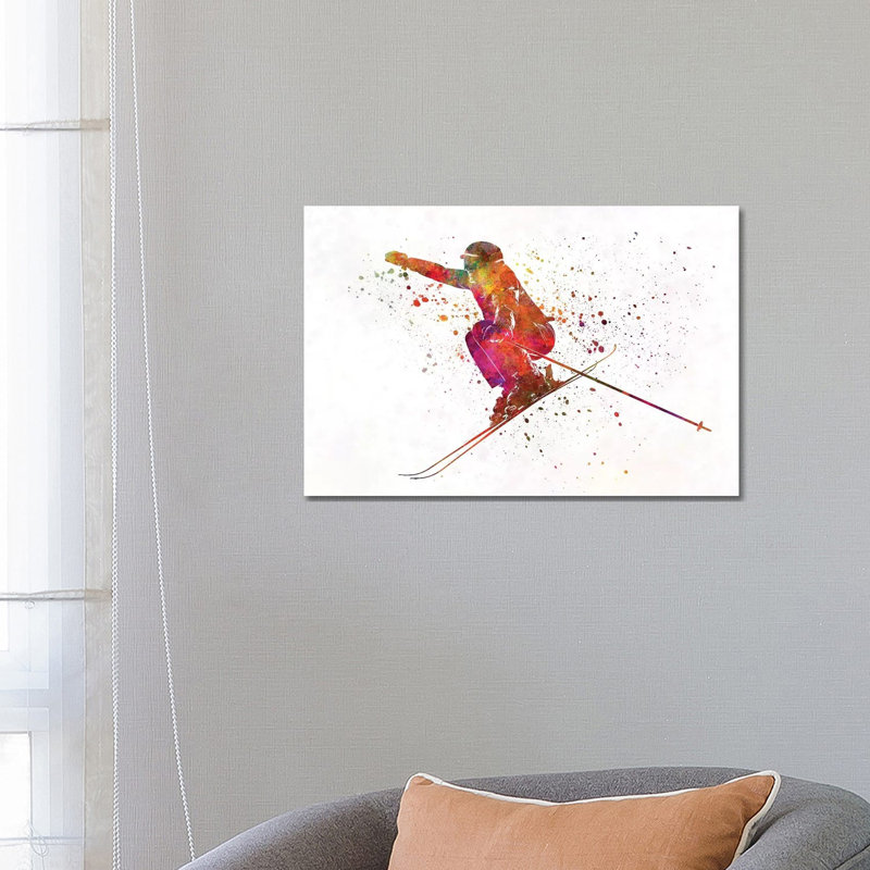 Woman Skier Skiing Jumping 03 In Watercolour by Paul Rommer - Wrapped Canvas Painting, 66.04 cm H x 45.72 cm W