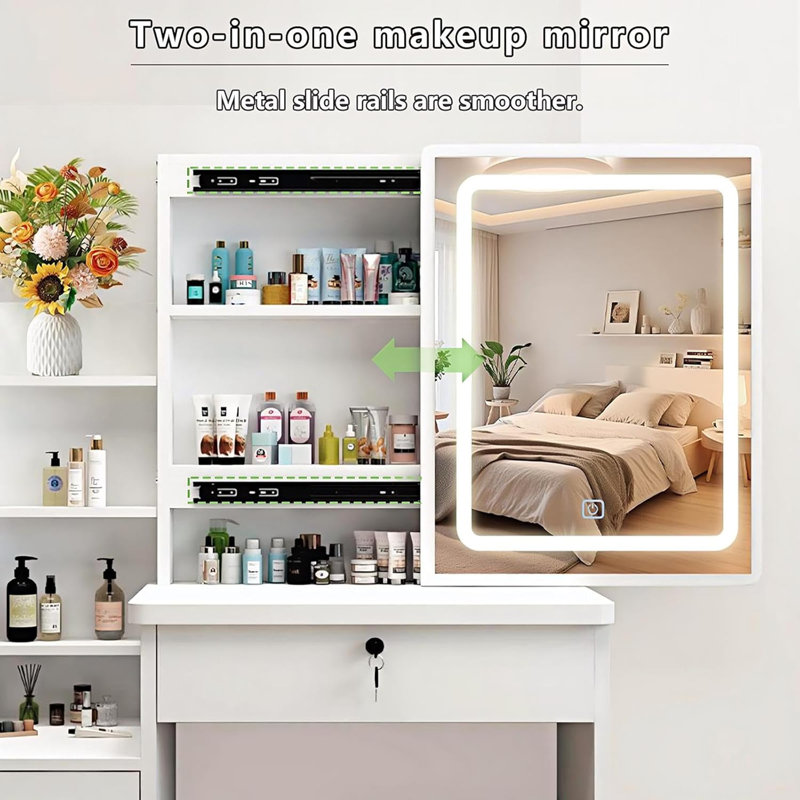 Vanity Desk with Sliding Mirror and Lights