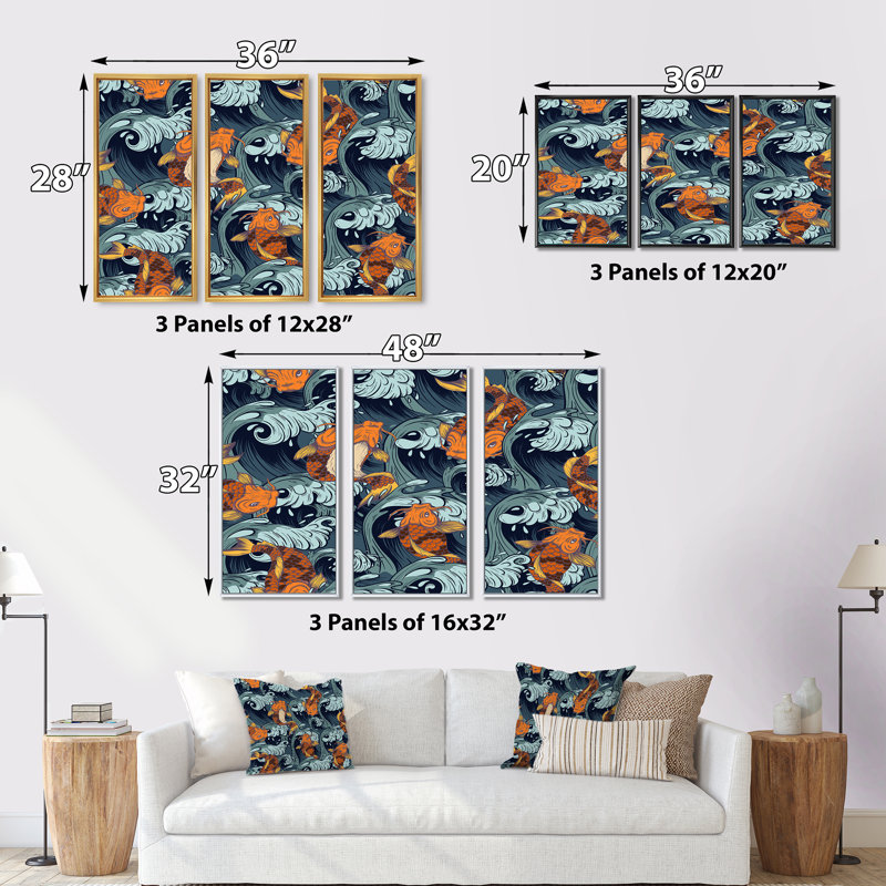 Poisson koi japonais - ensemble d'art mural sur toile encadré nautique et côtier de 3, H 28 po x l 36 po x P 1 po, Noir