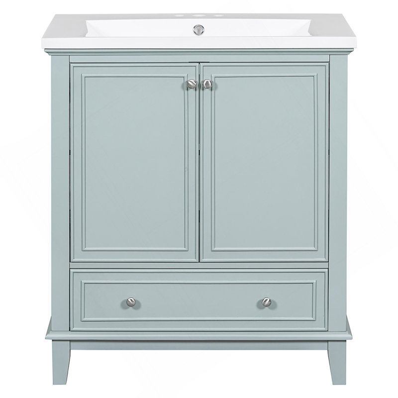 Meuble-lavabo de 30 po avec lavabo, structure en bois massif durable, rangement multifonctionnel et plateau en céramique lisse