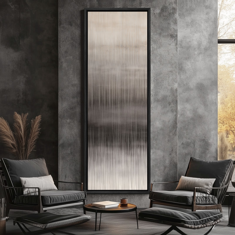 Neutral Gradient Abstract with Soft Vertical Motion - Large Framed Canvas Master Bedroom Wall Art Print, Black