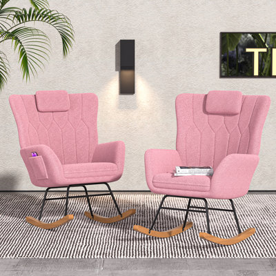 Ensemble de 2 chaises berçantes roses à haut dossier avec appui-tête et poches latérales