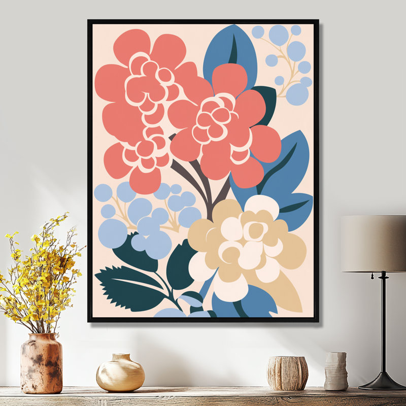 Impression graphique de fleurs d'hortensia sur fond rose - hortensia, Cadre flottant noir, bois massif, H 44 po x l 34 po
