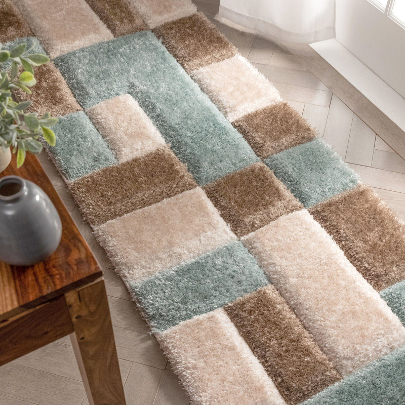 Tapis bleu / brun / crème en polypropylène à poils longs Katy-Joanne, Tapis de couloir 2 pi 7 po x 9 pi 10 po