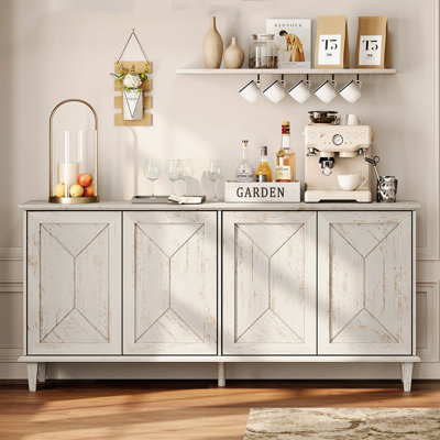 65-Inch Handcrafted Patchwork Decorative Buffet Cabinet With Pop-Up Design Doors,Full Unit Modern Farmhouse Accent Credenza For Dining Room, Kitchen, And Living Room, Pale Oak