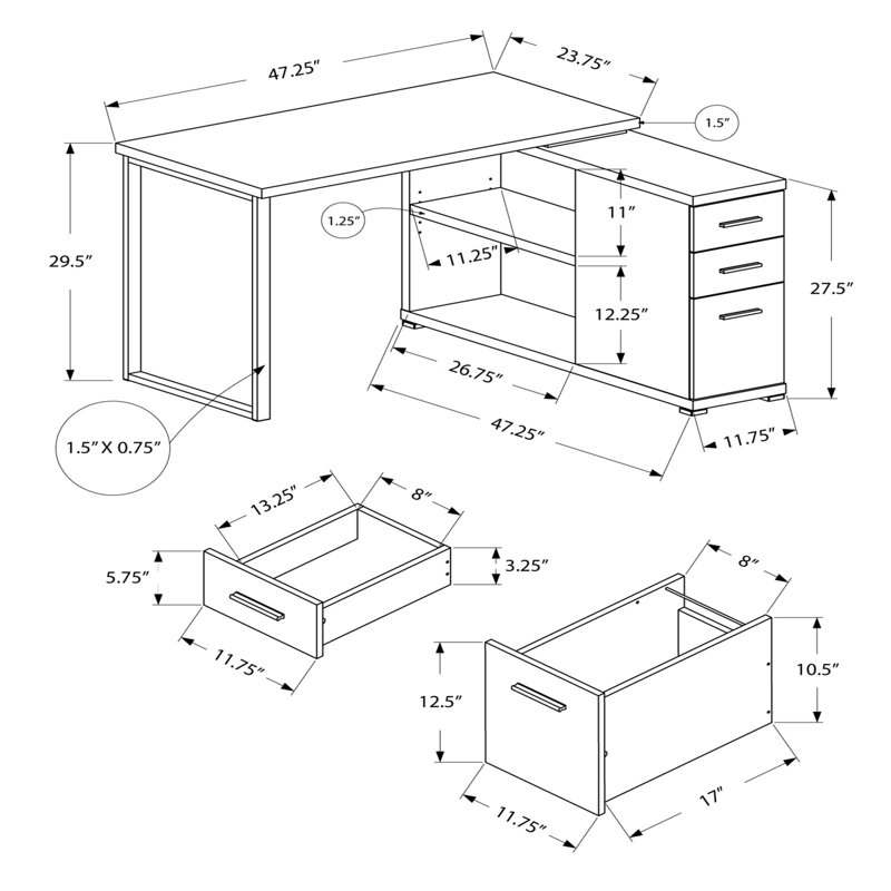 Bureau d'ordinateur, bureau personnel, coin, gauche, configuration à droite, tiroirs de rangement, forme en L, Taupe