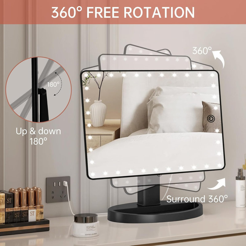 Modern Vanity Rectangular LED Makeup Mirror with Tabletop Base