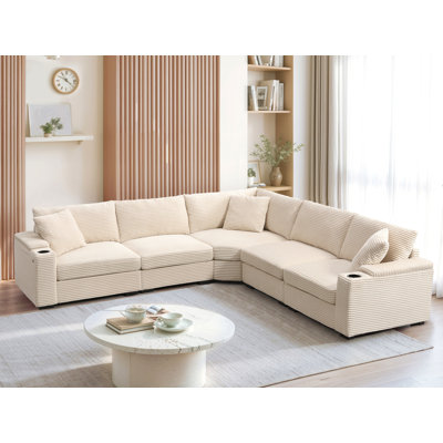 104" Convertible L-Shaped Sectional Sofa, Corduroy Corner Couch With Armrest Storage, Cup Holders, Usb Charger, Irregular Corner, Oversized Comfy Modular Sofa For Living Room&Apartment