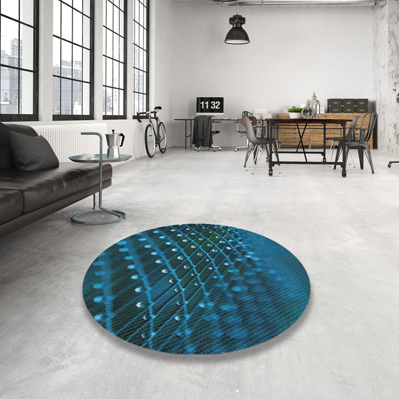 Tapis bleu/vert à motifs, Rond 3 pi