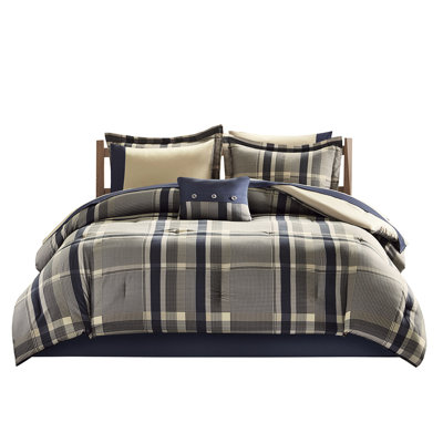 Twin Bedding With Plaid Comforter - Soft Brushed Microfiber, Long-Lasting Navy Multi Sheets Soft, Breathable, Decorative