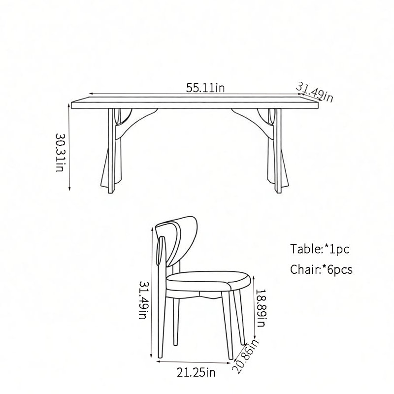 Ensembles de table de salle à manger Modern Fashion, 7 pièces : table, 6 chaises, H 30,31 po x l 55,11 po x P 31,49 po
