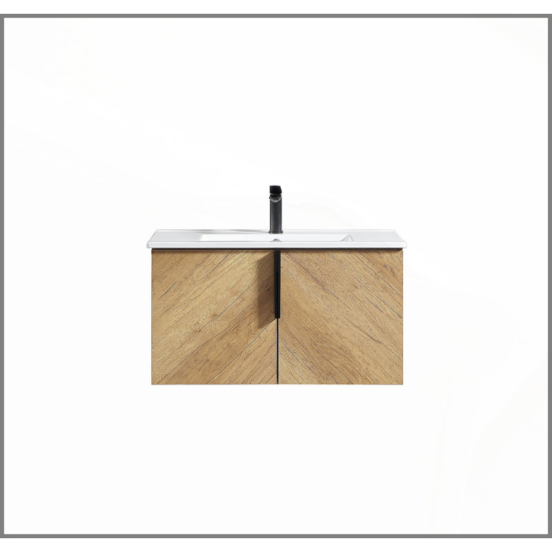 Meuble-lavabo mural 30 po avec panneau cannelé 3D et lavabo intégré en céramique