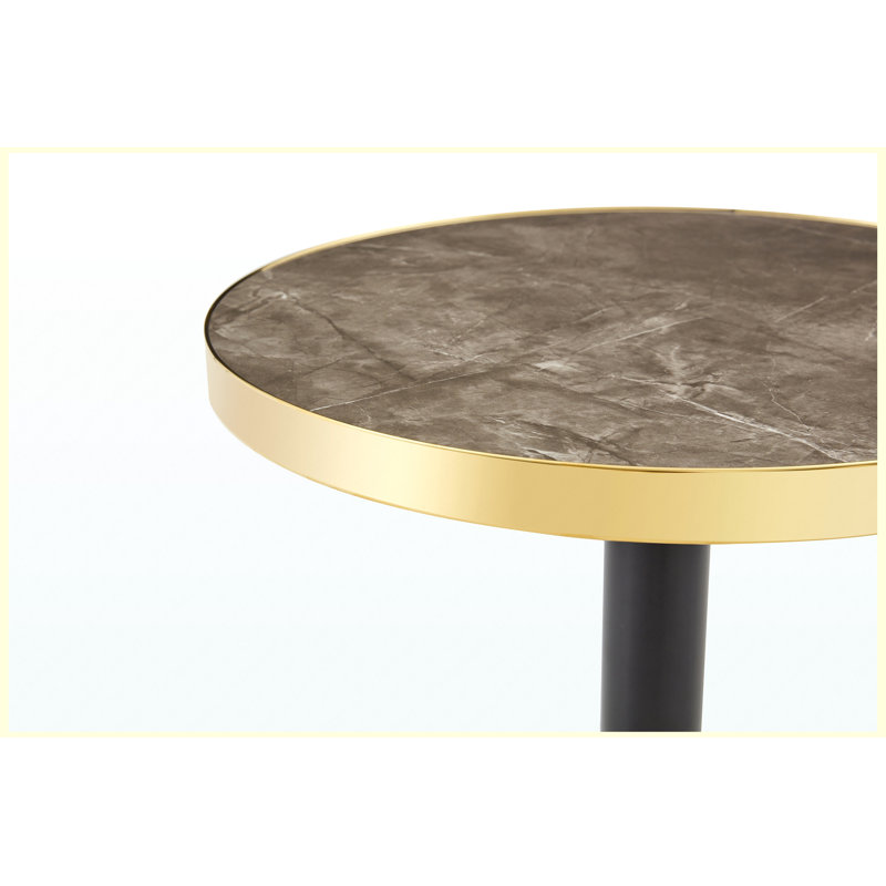 Table basse ronde de luxe moderne 23,6 po, plateau en panneau de fibres à densité moyenne à texture marbrée avec finition peinture UV, bordure en acier inoxydable, pieds en métal, table d'appoint de salon