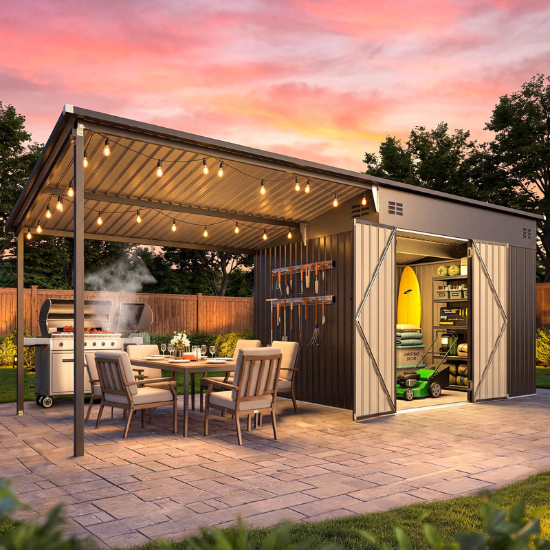 20x8 FT 2-in-1 Metal Storage Shed with Hardtop Pergola Combo, All-Weather Outdoor Tool Shed with Reversible Mounting, Lockable Door and Vents