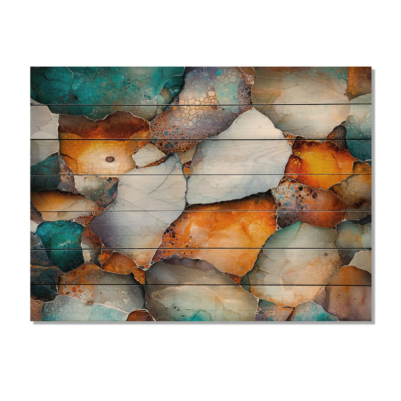Mosaïque d'art en marbre II - géode de pierre, impression de paysage orange sur bois de pin naturel, H 24 po x l 32 po