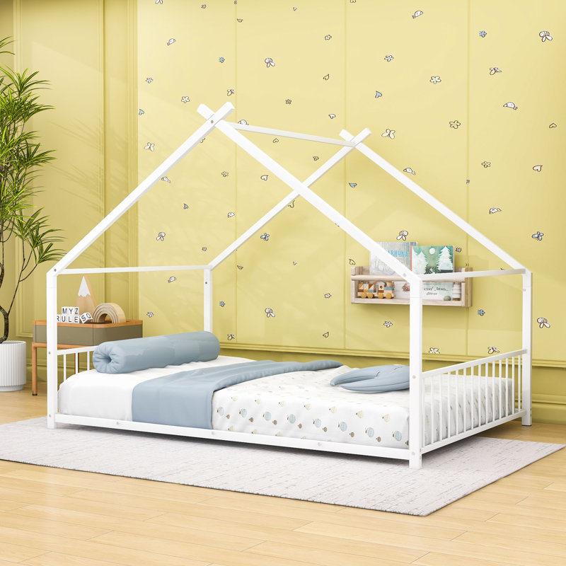 Charming House-Inspired Metal House Bed With Slats, Full, White