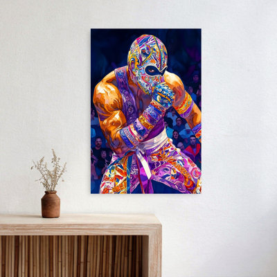Mexican Life Lucha Libre Wrestler Colorful Vibrant Contemporary City Wall Art Print 1 Piece Wrapped Canvas Wall Art