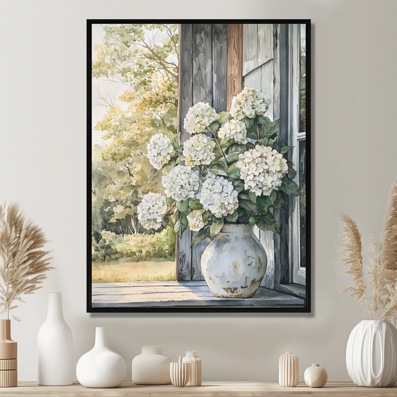 Country hortensias en pot dans la brise d'été - art mural hortensias, Noir, Impression encadrée flottante, H 20 po x l 12 po