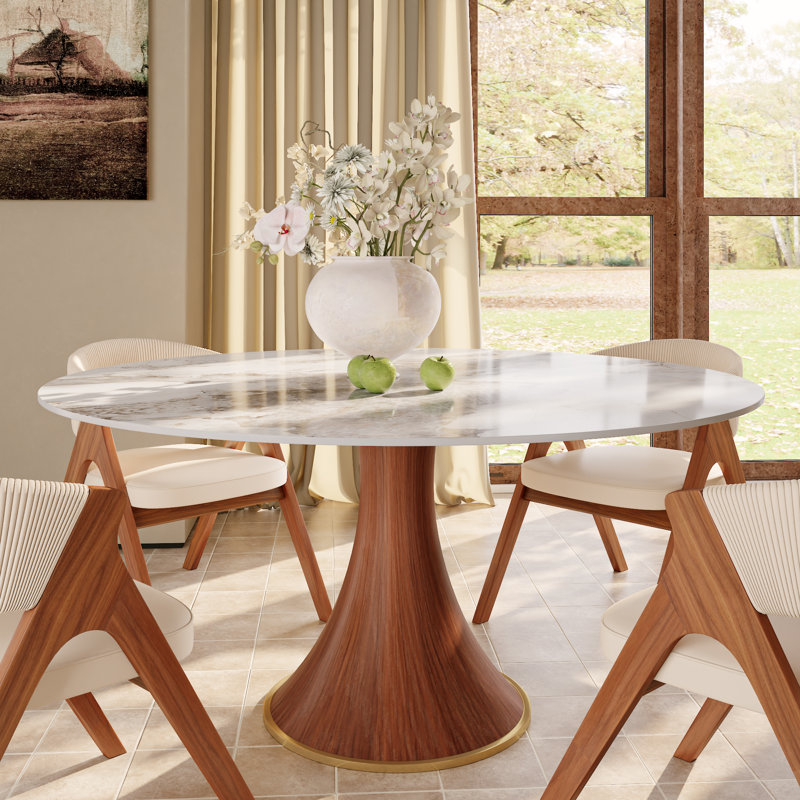 Round Dining Elegant Sintered Stone Table Set And 4-8 Upholstered Back Chairs For 4-8, 30"Н x 53"L x 53"W, Sand