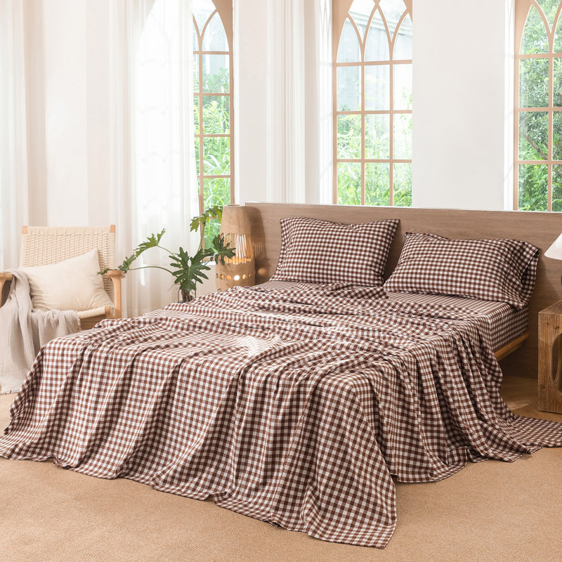 Ensemble de draps 100% coton lavé MooMee, Ensemble de draps pour grand lit avec 2 taies d'or, Cocoa Brown
