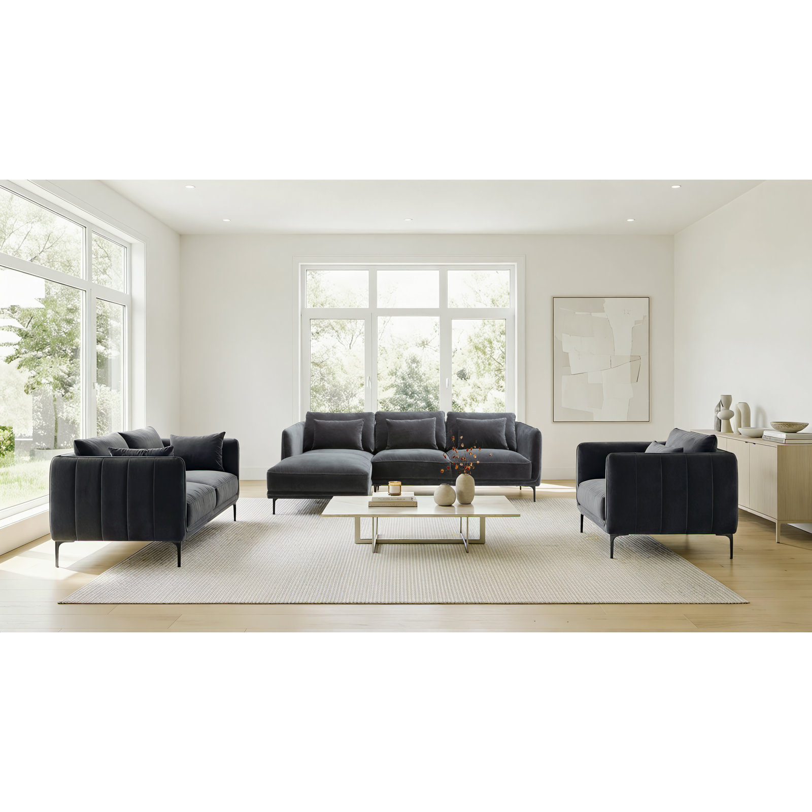 Rae 3-Piece Velvet Living Room Set, Left Hand Facing, Falkirk Gray