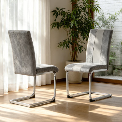 Modern Faux Leather/Suede Upholstered Armless Cantilever Dining Chair with Chrome Base